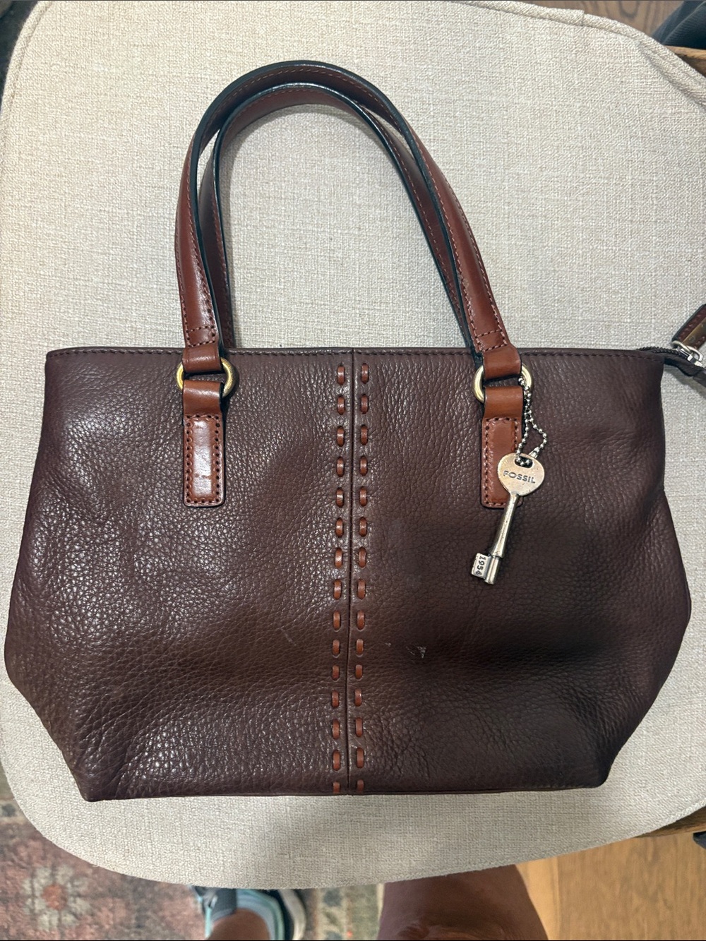 Fossil Dark Brown Leather Shoulder Tote with Key Charm